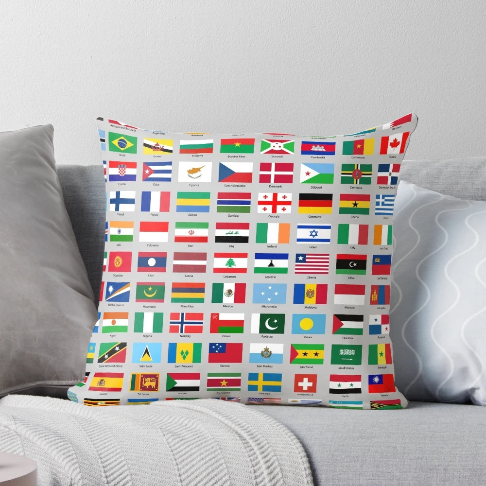 Decorative throw pillow featuring flags from countries around the world for patriotic home or travel decor