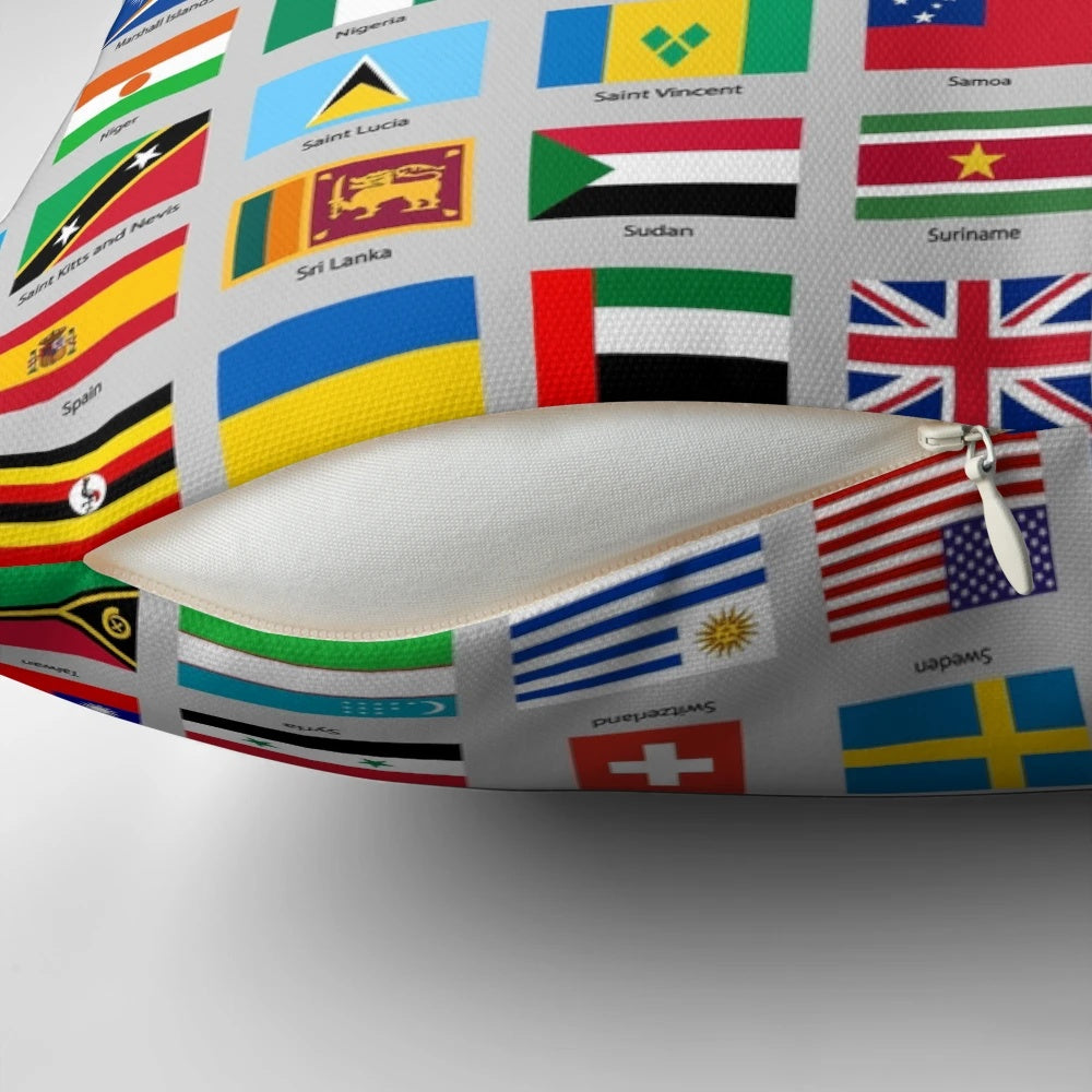 Decorative throw pillow featuring flags from countries around the world for patriotic home or travel decor