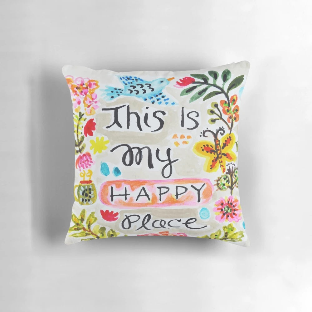 Colorful and vibrant decorative pillow featuring a watercolor-style design with birds, flowers, and butterflies.