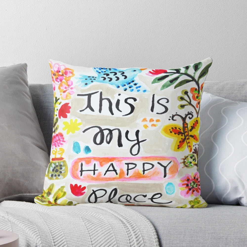 Colorful and vibrant decorative pillow featuring a watercolor-style design with birds, flowers, and butterflies.