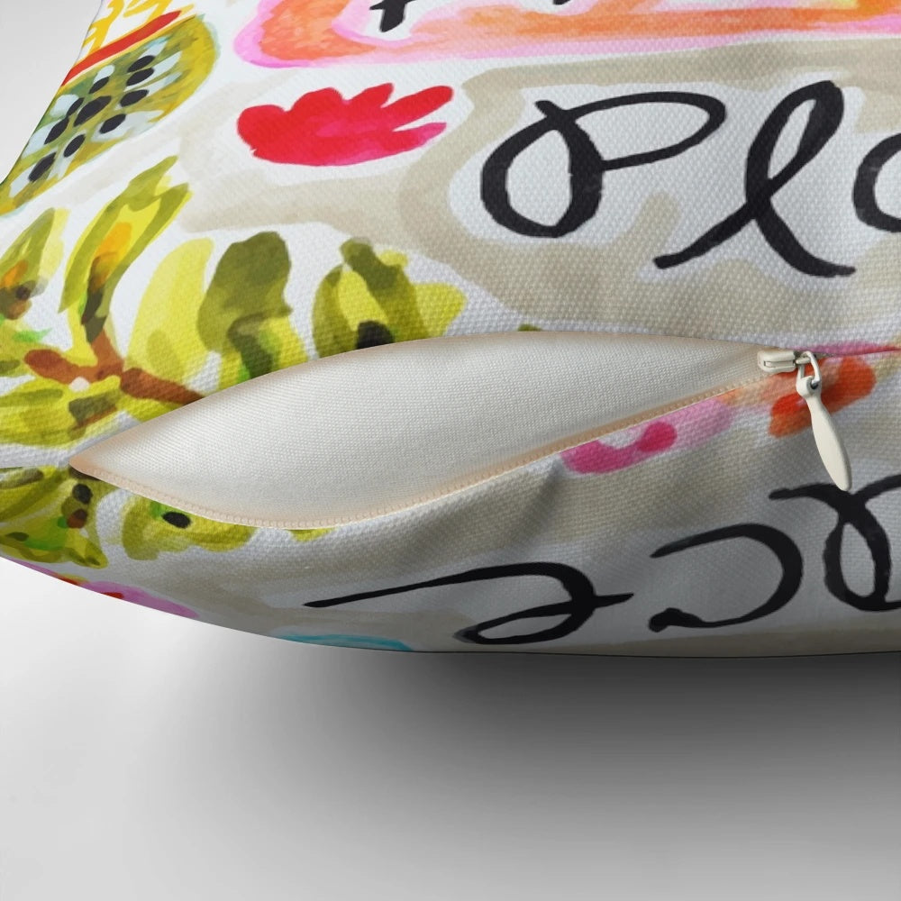 Colorful and vibrant decorative pillow featuring a watercolor-style design with birds, flowers, and butterflies.