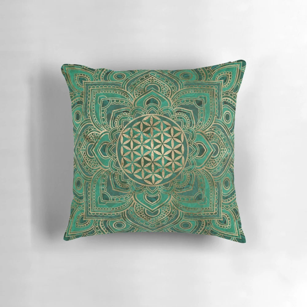 Malachite and gold lotus flower of life mandala design on a decorative throw pillow.