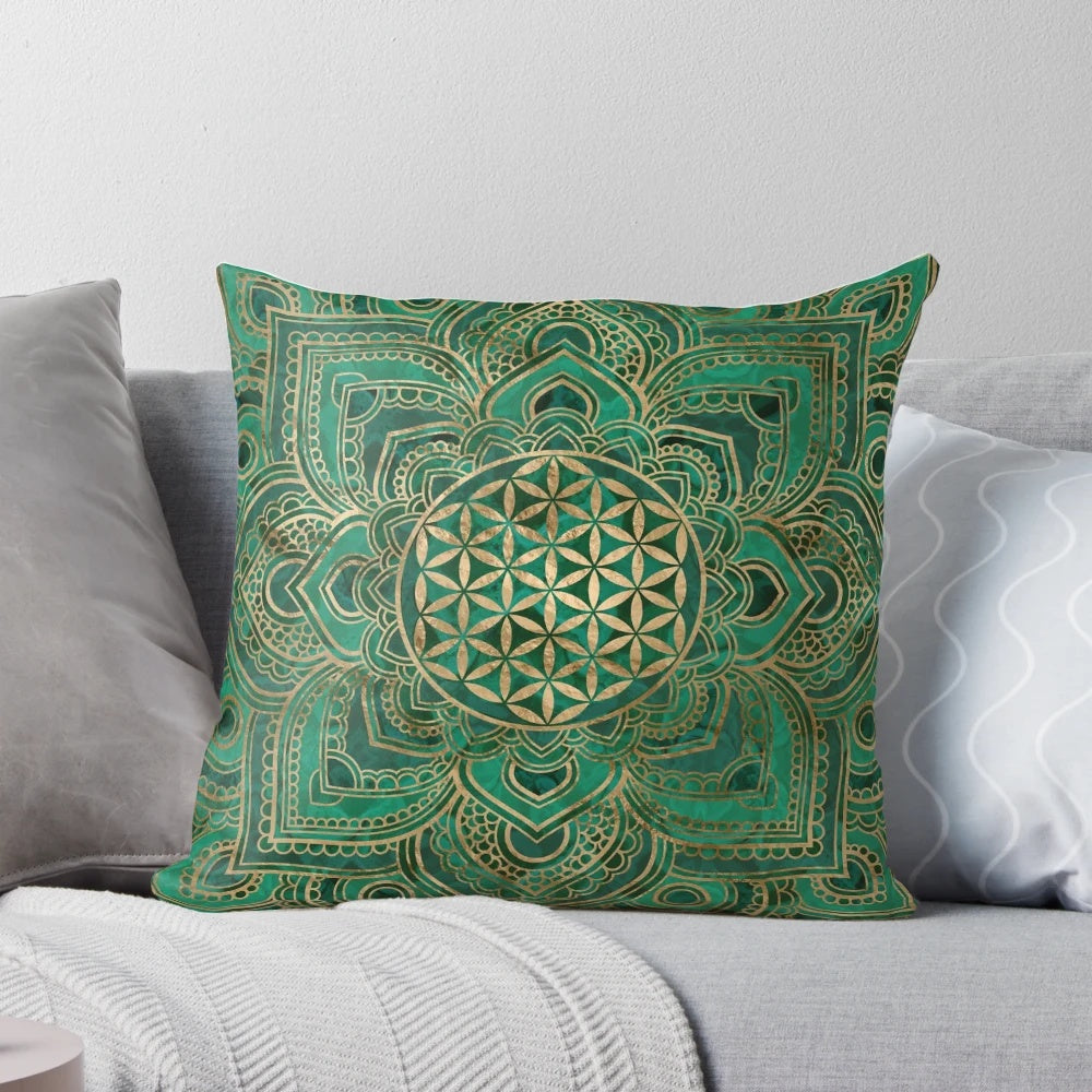 Malachite and gold lotus flower of life mandala design on a decorative throw pillow.