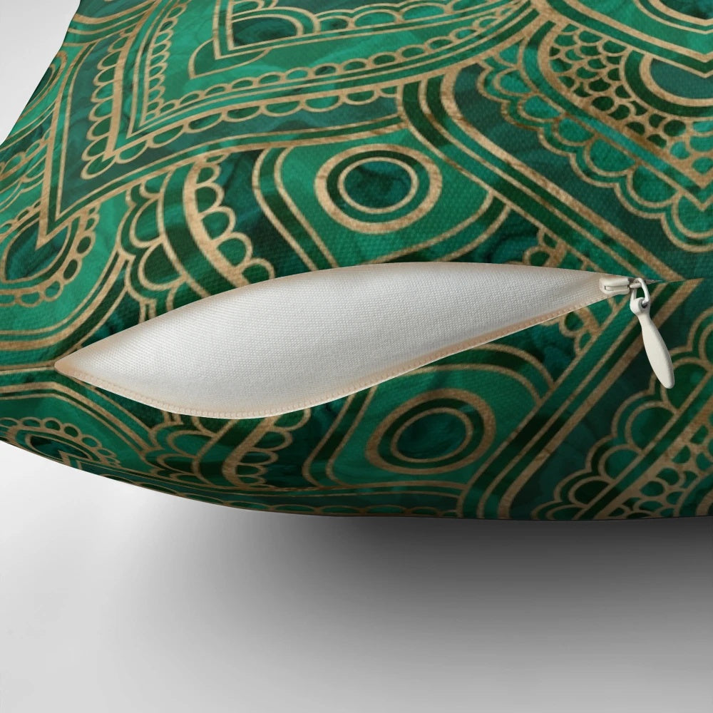 Malachite and gold lotus flower of life mandala design on a decorative throw pillow.