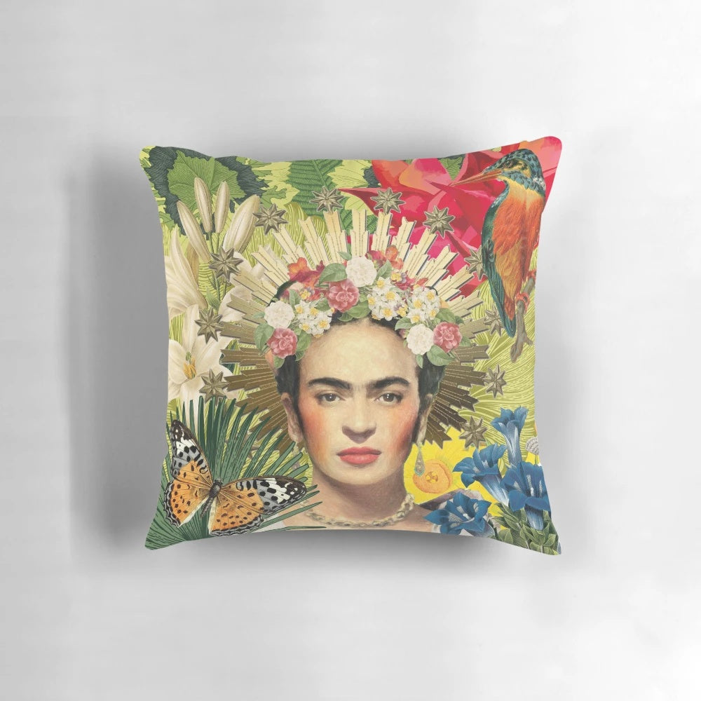 Colorful throw pillow featuring a portrait of Mexican artist Frida Kahlo with a coronavirus-themed design