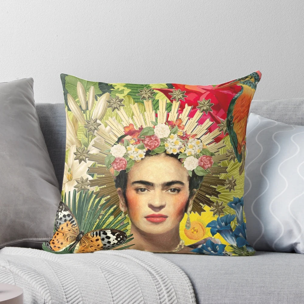 Colorful throw pillow featuring a portrait of Mexican artist Frida Kahlo with a coronavirus-themed design