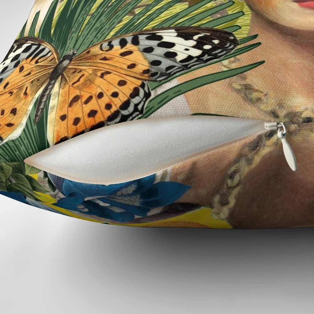 Colorful throw pillow featuring a portrait of Mexican artist Frida Kahlo with a coronavirus-themed design