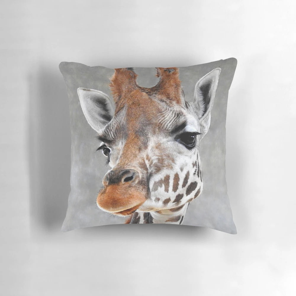 A soft, grey pillow with a charming giraffe design, perfect for adding a touch of nature to your home.