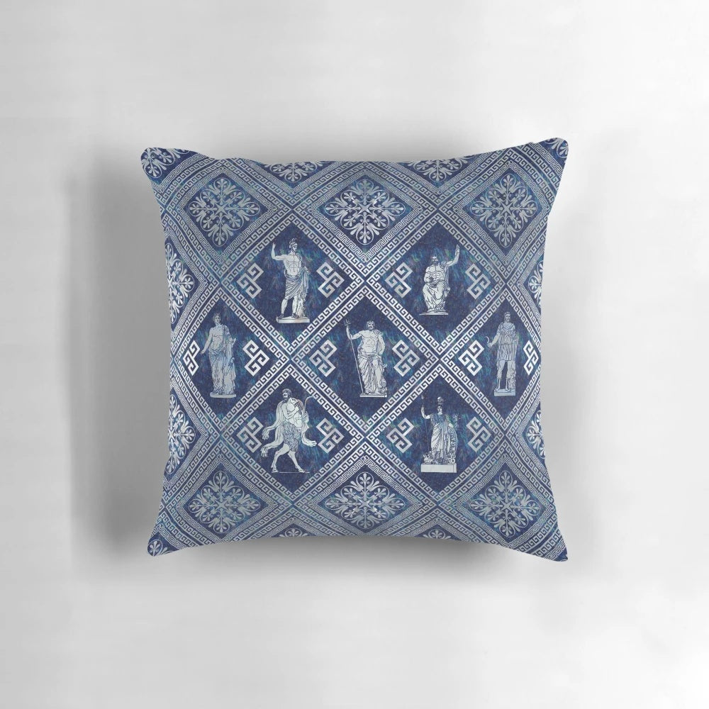 Decorative throw pillow featuring Greek deities and meander pattern design
