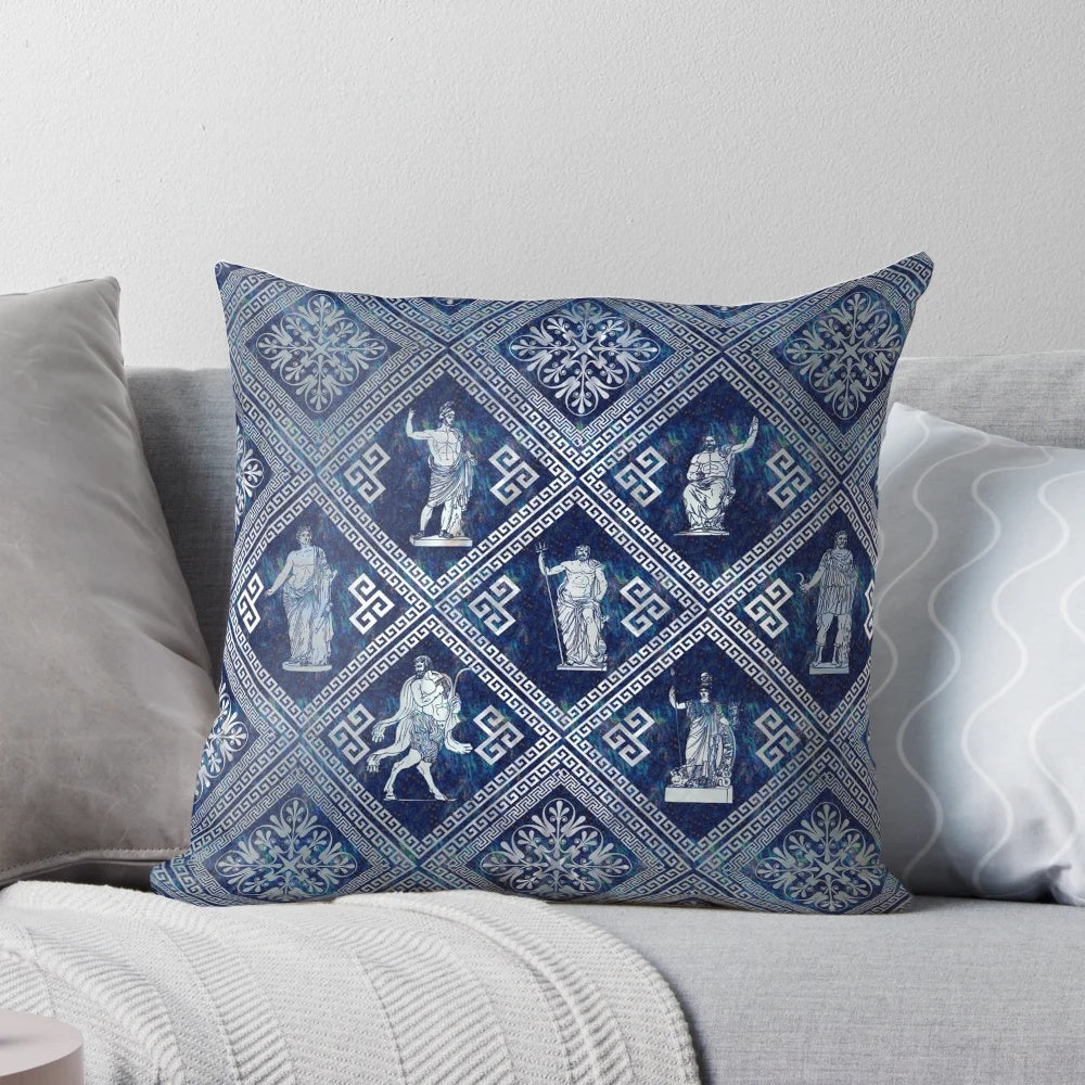Decorative throw pillow featuring Greek deities and meander pattern design