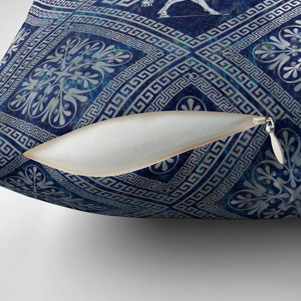 Decorative throw pillow featuring Greek deities and meander pattern design