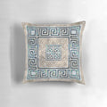 Decorative throw pillow featuring a Greek-inspired meander key pattern in abalone and gold.