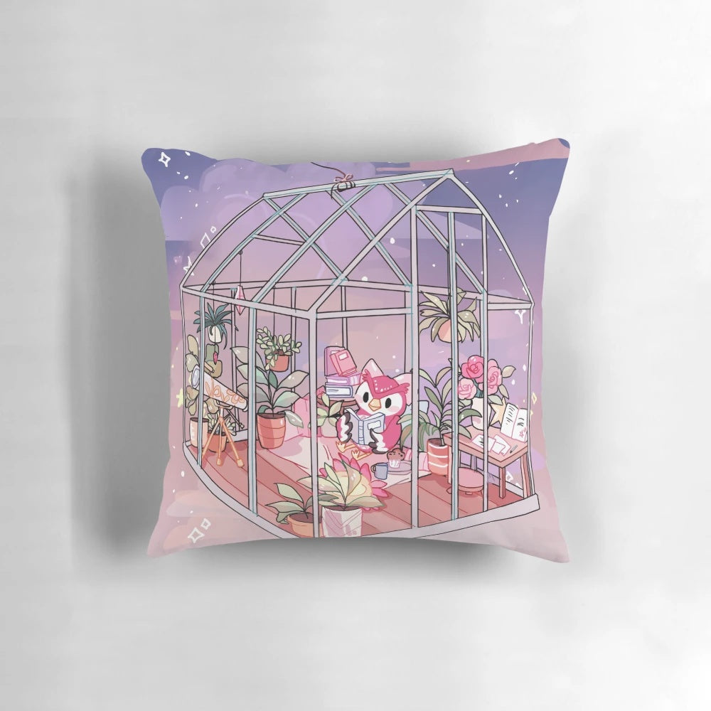 A vibrant, nature-inspired decorative pillow with a gradient design of pink and purple hues.
