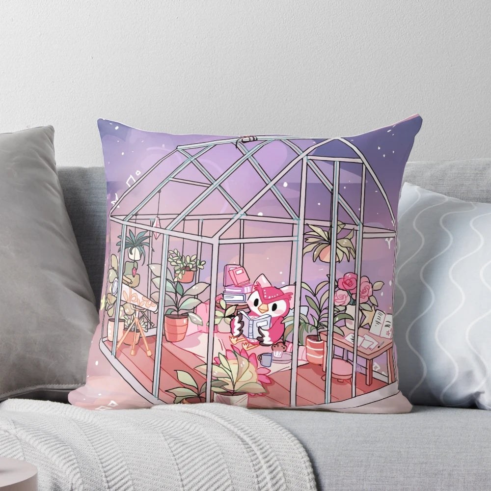 A vibrant, nature-inspired decorative pillow with a gradient design of pink and purple hues.