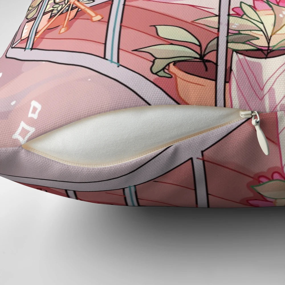A vibrant, nature-inspired decorative pillow with a gradient design of pink and purple hues.