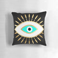 Decorative hamsa hand and evil eye gold foil print throw pillow, a spiritual amulet for good luck and protection.