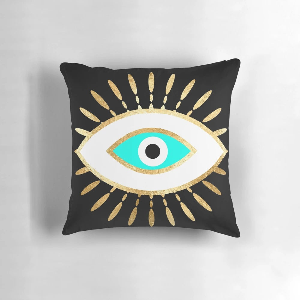Decorative hamsa hand and evil eye gold foil print throw pillow, a spiritual amulet for good luck and protection.