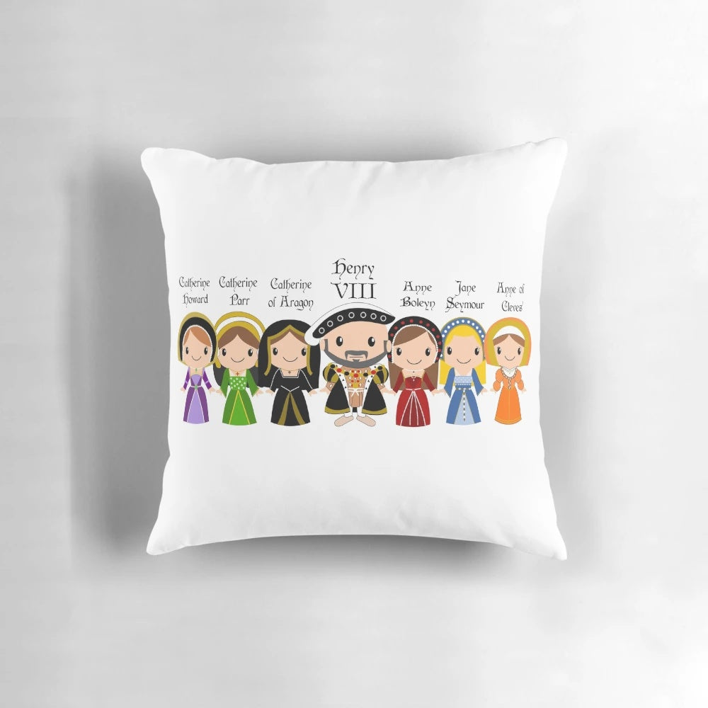 Throw pillow depicting the iconic King Henry VIII and his six wives