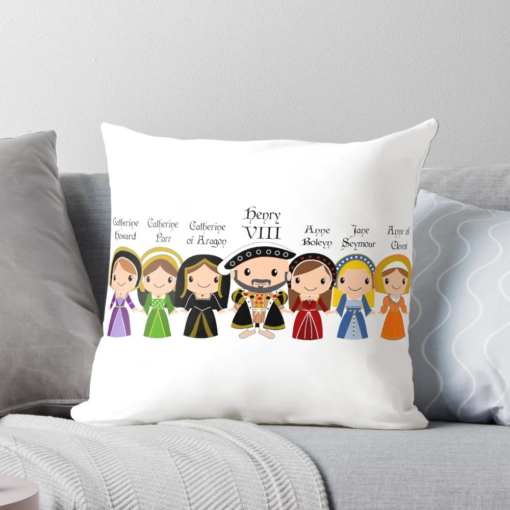 Throw pillow depicting the iconic King Henry VIII and his six wives