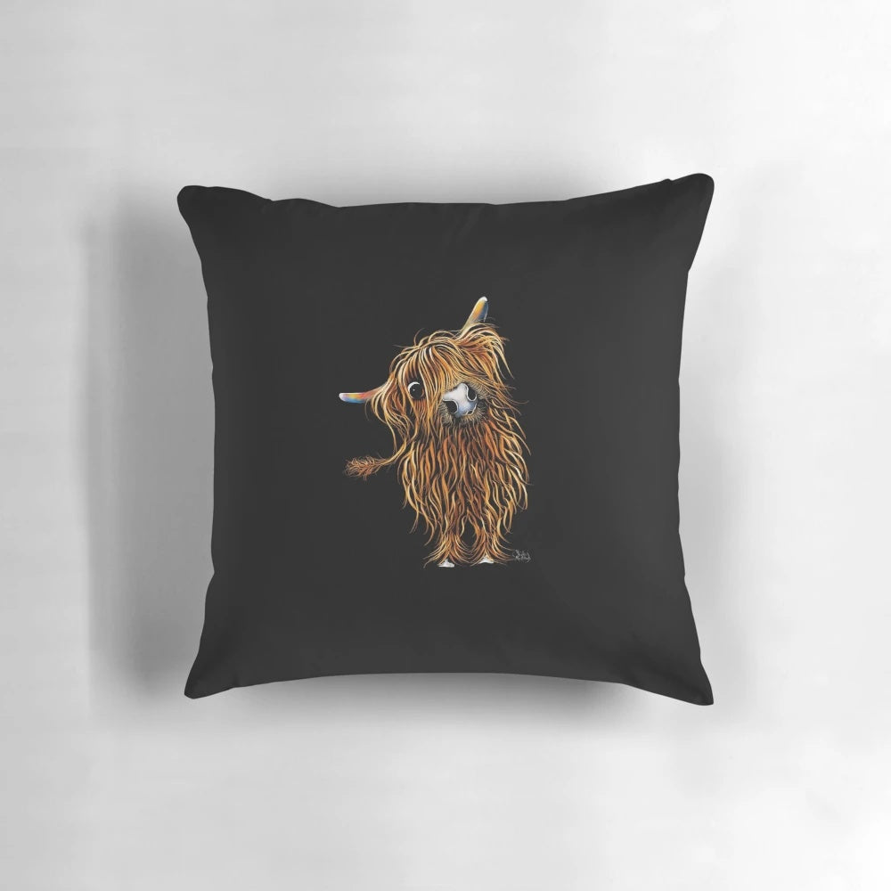 Soft, plush decorative pillow featuring a vibrant highland cow illustration