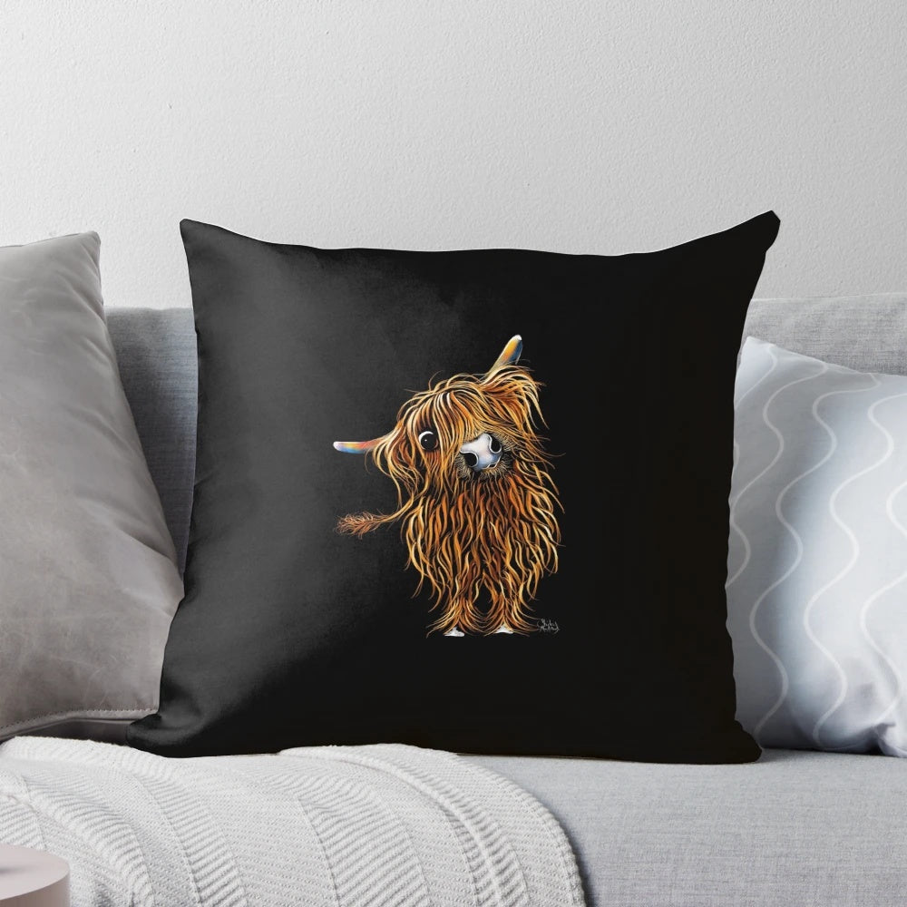Soft, plush decorative pillow featuring a vibrant highland cow illustration