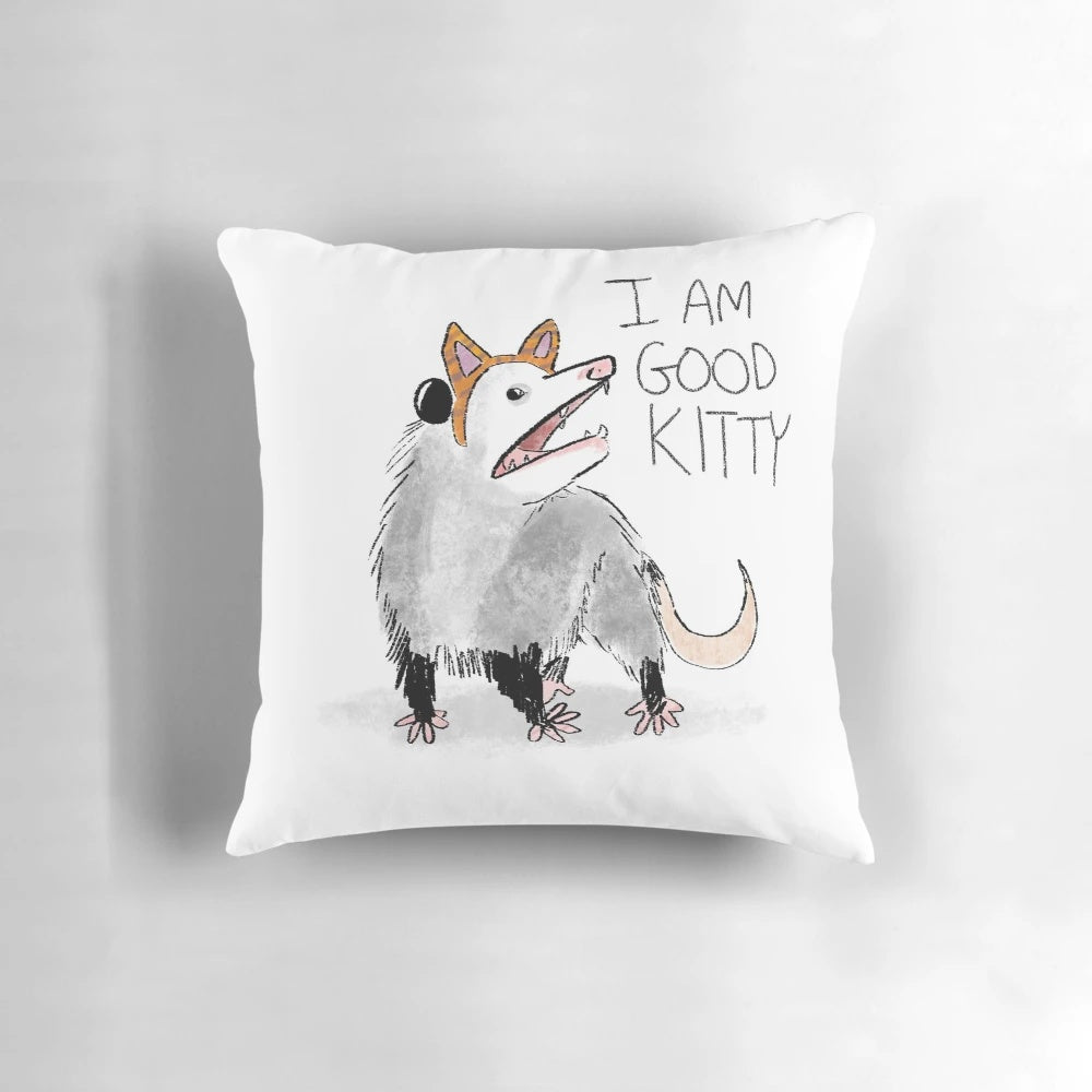 "I AM GOOD KITTY" design on a decorative throw pillow featuring an opossum, possum, or cat