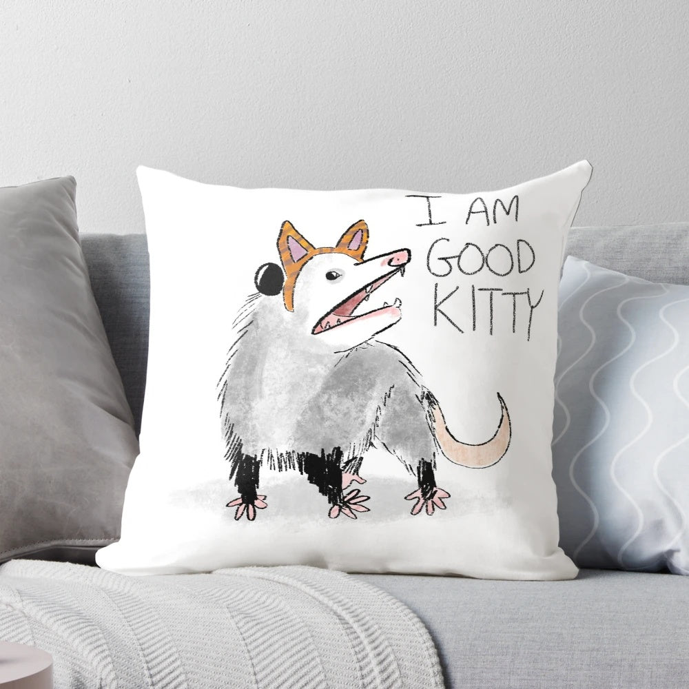 "I AM GOOD KITTY" design on a decorative throw pillow featuring an opossum, possum, or cat