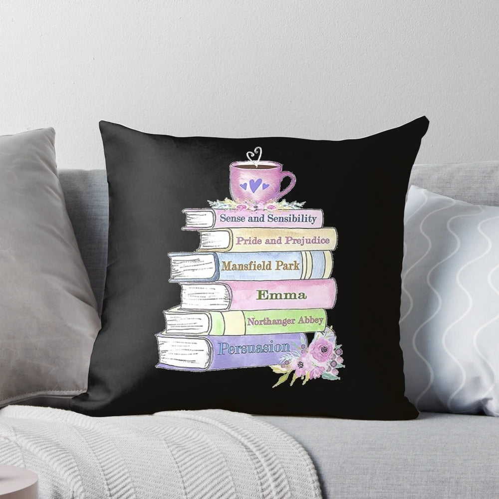Decorative Jane Austen themed book stack pillow featuring Pride and Prejudice literary quotes