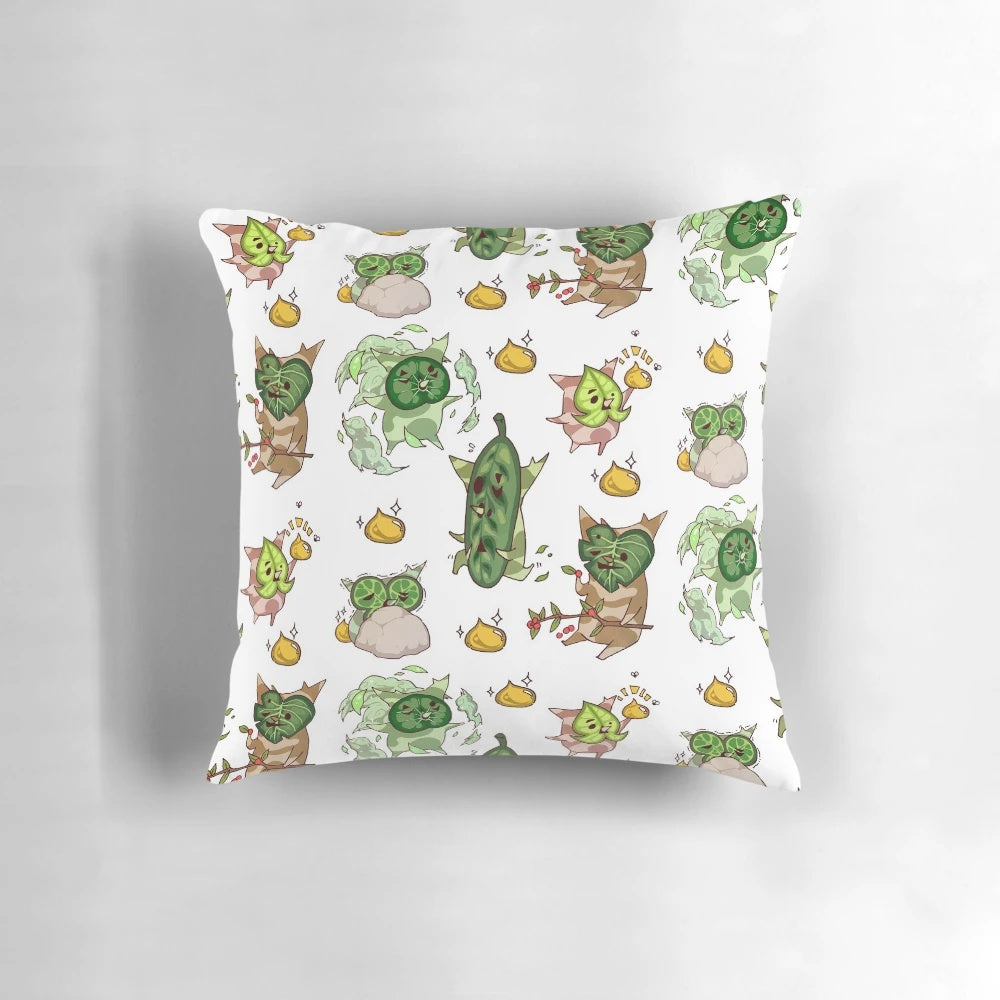 Decorative throw pillow featuring a pattern of Korok seeds from the Legend of Zelda: Breath of the Wild video game.