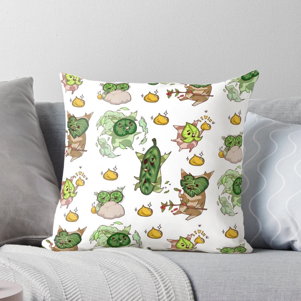 Decorative throw pillow featuring a pattern of Korok seeds from the Legend of Zelda: Breath of the Wild video game.