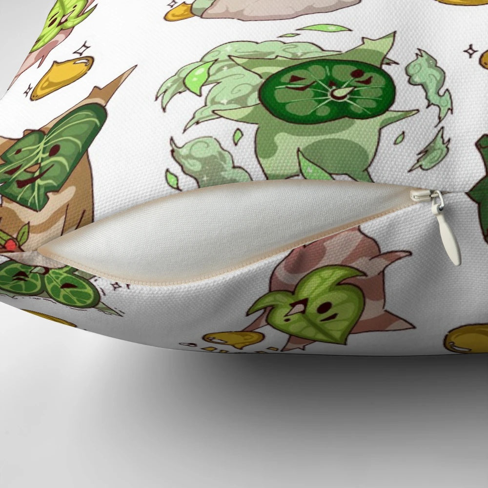 Decorative throw pillow featuring a pattern of Korok seeds from the Legend of Zelda: Breath of the Wild video game.