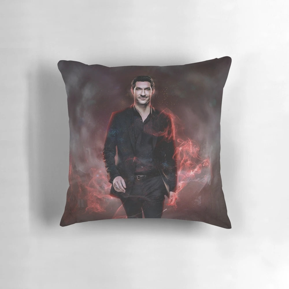 Decorative pillow featuring a Lucifer-inspired design