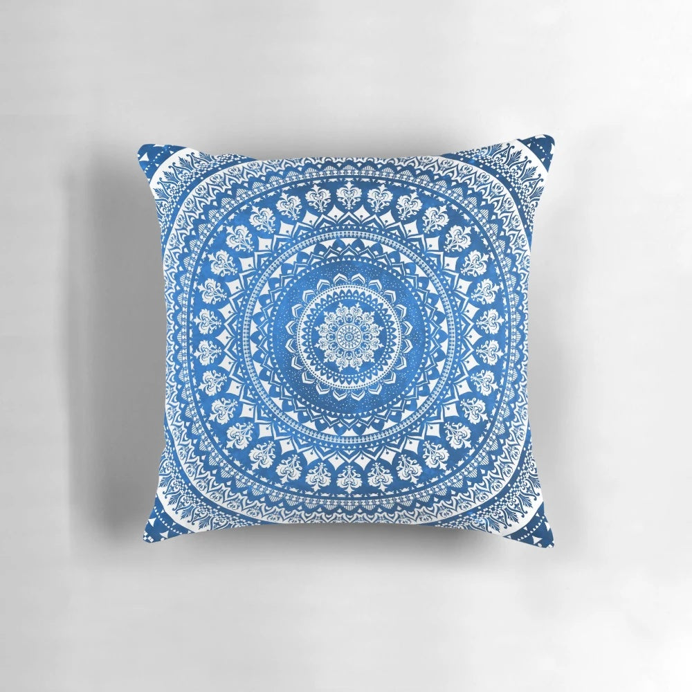 Beautifully crafted mandala blue throw pillow for adding a touch of bohemian style to your home.