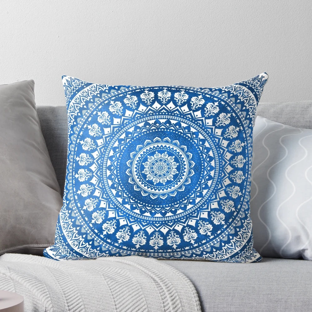 Beautifully crafted mandala blue throw pillow for adding a touch of bohemian style to your home.