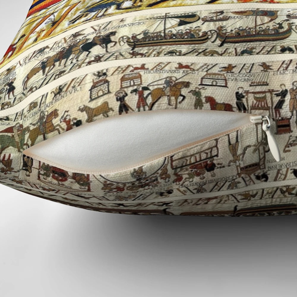 "Decorative medieval-style pillow featuring the iconic Bayeux Tapestry design with Viking ships and scenes from the Norman conquest of England"