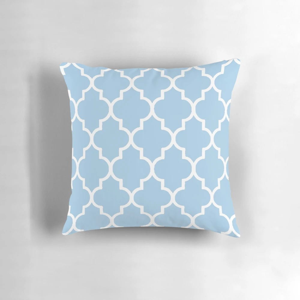 Moroccan-inspired quatrefoil pattern decorative throw pillow in light blue and white
