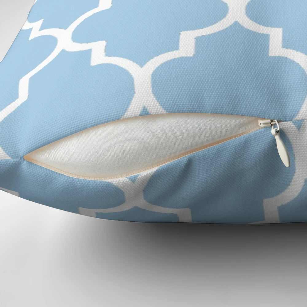 Moroccan-inspired quatrefoil pattern decorative throw pillow in light blue and white