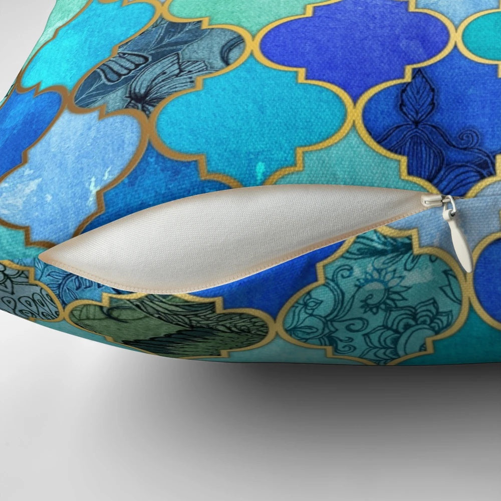 Decorative Moroccan tile pattern pillow in cobalt blue, aqua, and gold colors