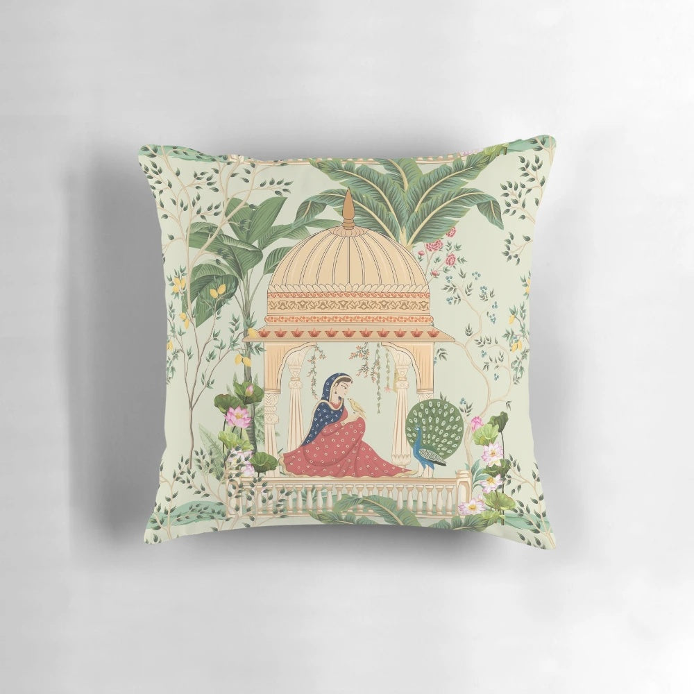 Vibrant Mughal Queen sitting in a lush garden depicted on a decorative throw pillow