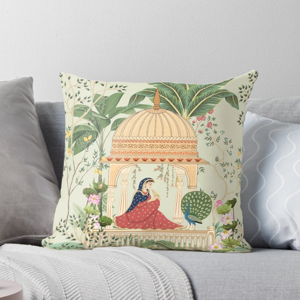 Vibrant Mughal Queen sitting in a lush garden depicted on a decorative throw pillow