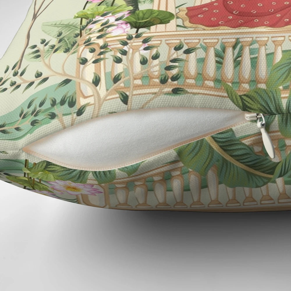Vibrant Mughal Queen sitting in a lush garden depicted on a decorative throw pillow
