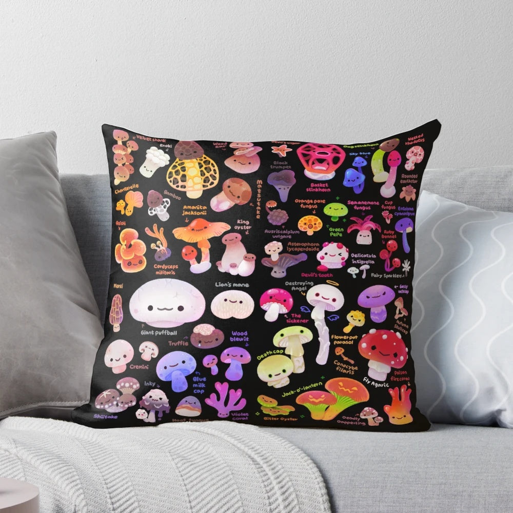 A soft, plush pillow featuring a whimsical mushroom design, perfect for adding a touch of earthy charm to any room.