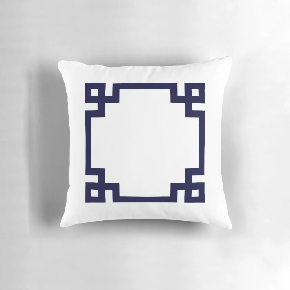 Navy blue and white Greek key pattern square throw pillow