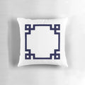 Navy blue and white Greek key pattern square throw pillow