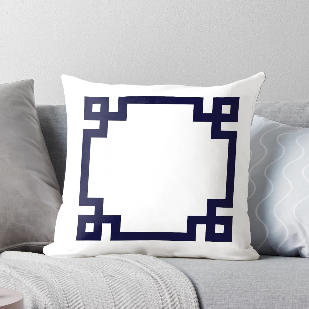 Navy blue and white Greek key pattern square throw pillow