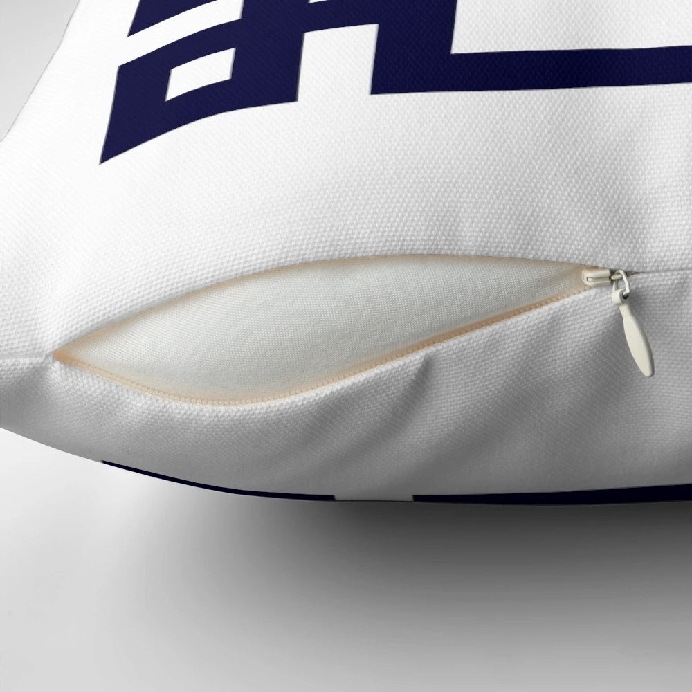 Navy blue and white Greek key pattern square throw pillow