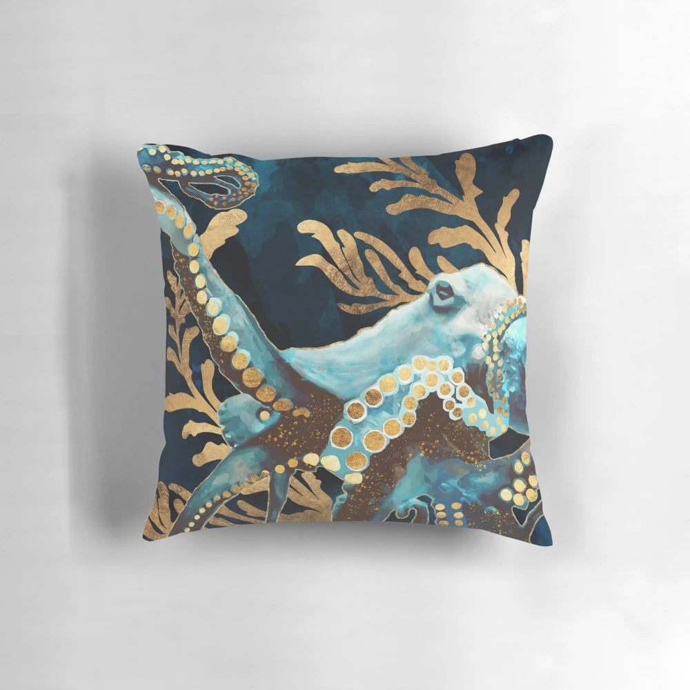 Vibrant indigo-colored octopus-themed decorative throw pillow with abstract tentacle design