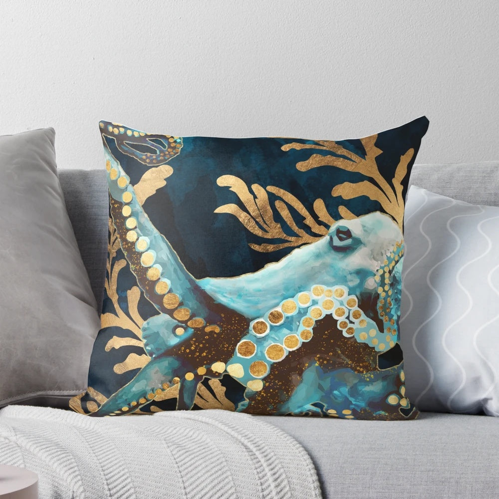 Vibrant indigo-colored octopus-themed decorative throw pillow with abstract tentacle design
