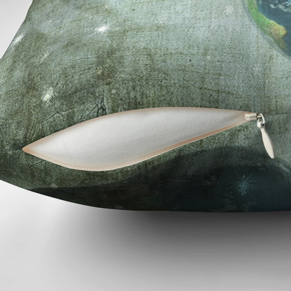 A white decorative pillow with a peace sign and the words "Peace on Earth" printed on it.