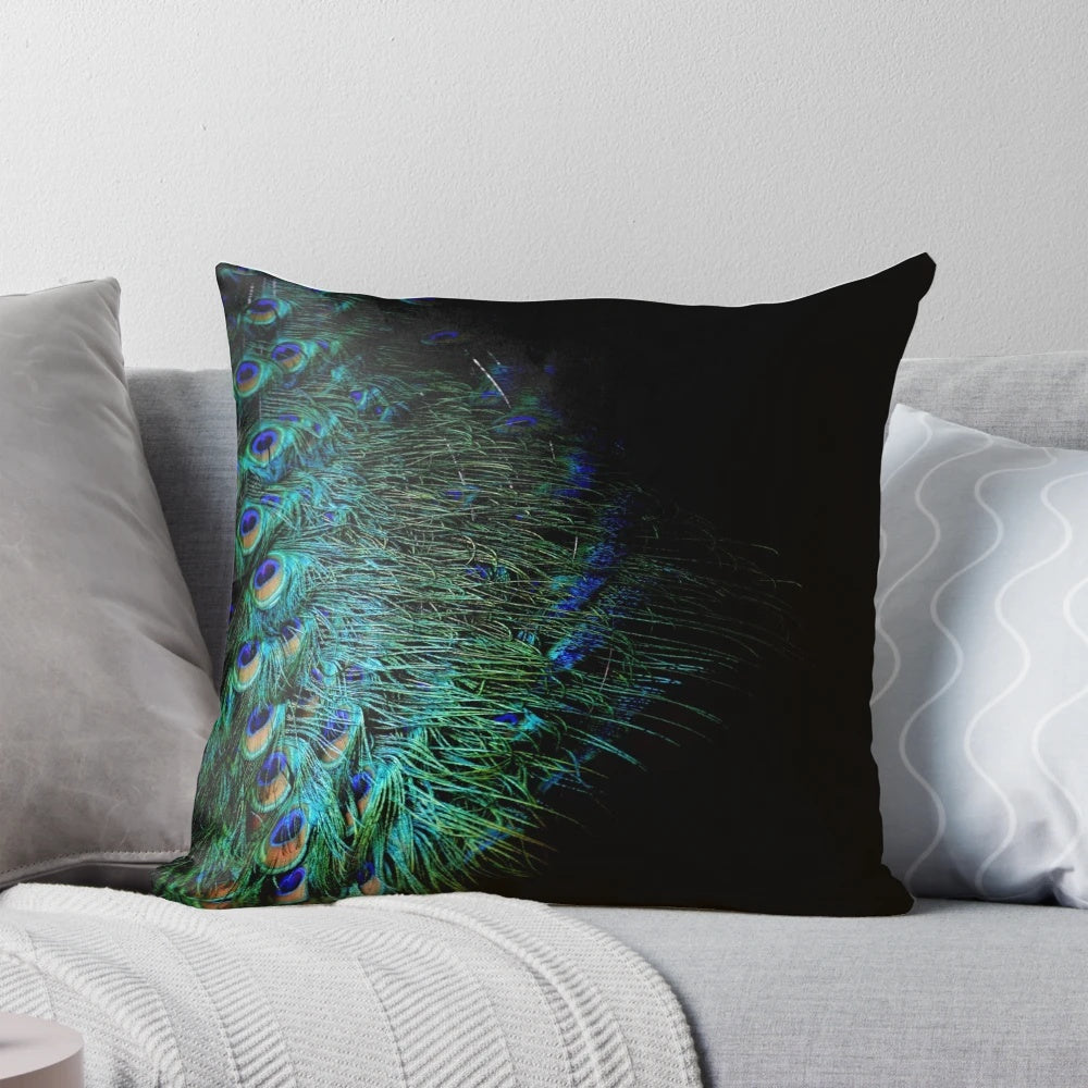 A stylish throw pillow featuring vibrant peacock feathers against a black background.